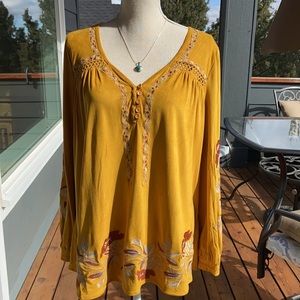 Bohemian Embroidered Velour Chamois Boho Hippie Chic Blouse Tunic Mustard Gold